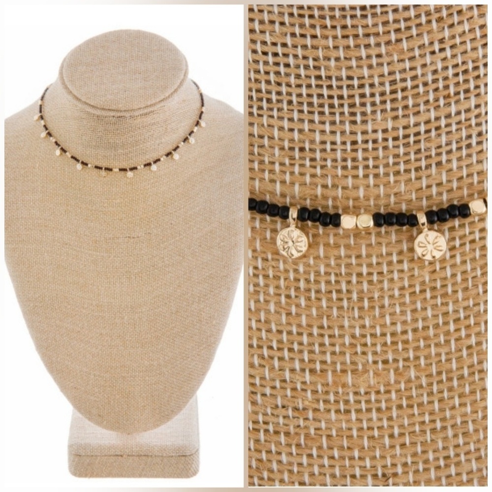 Choker Charm Beaded Necklace - Black/Gold
